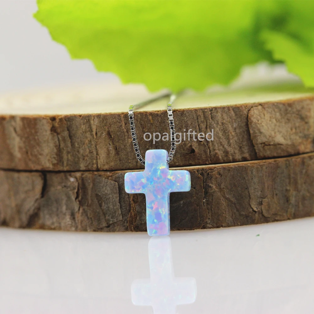 1PC 925 Sterling Silver Synthetic Opal Cross 9*12mm Box Chain Necklace Cornflower Blue Color OP26 Cross Opal Necklace