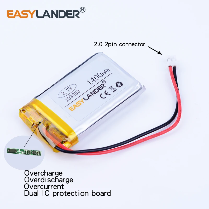 JST2.0 2pin 103050 3.7V 1400mah Rechargeable Lithium Li-ion Polymer Battery 983050 Batteries