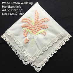 Set of 12 Fashion Wedding Bridal Handkerchiefs White Cotton Hanky Hankies with Lace & embroidered Floral 12x12-inch