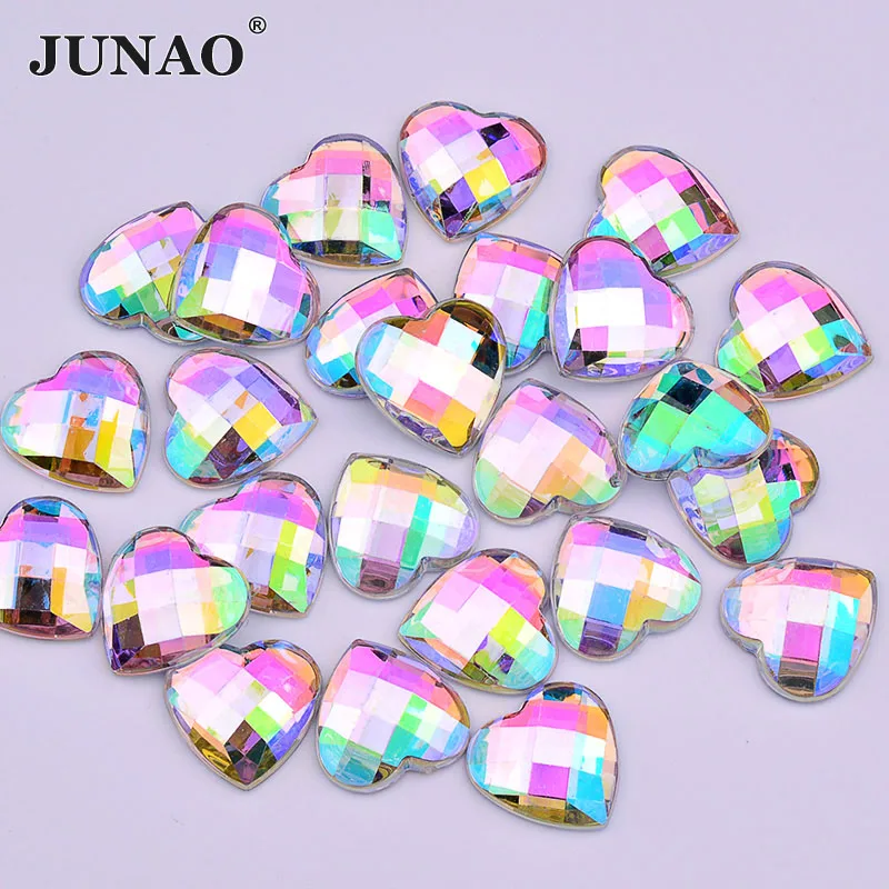 JUNAO 8 10 12 14 16 18 20 mm Crystal AB Acrylic Rhinestone Heart Shape Strass Applique Scrapbook Bead Flat Back Gems for Clothes