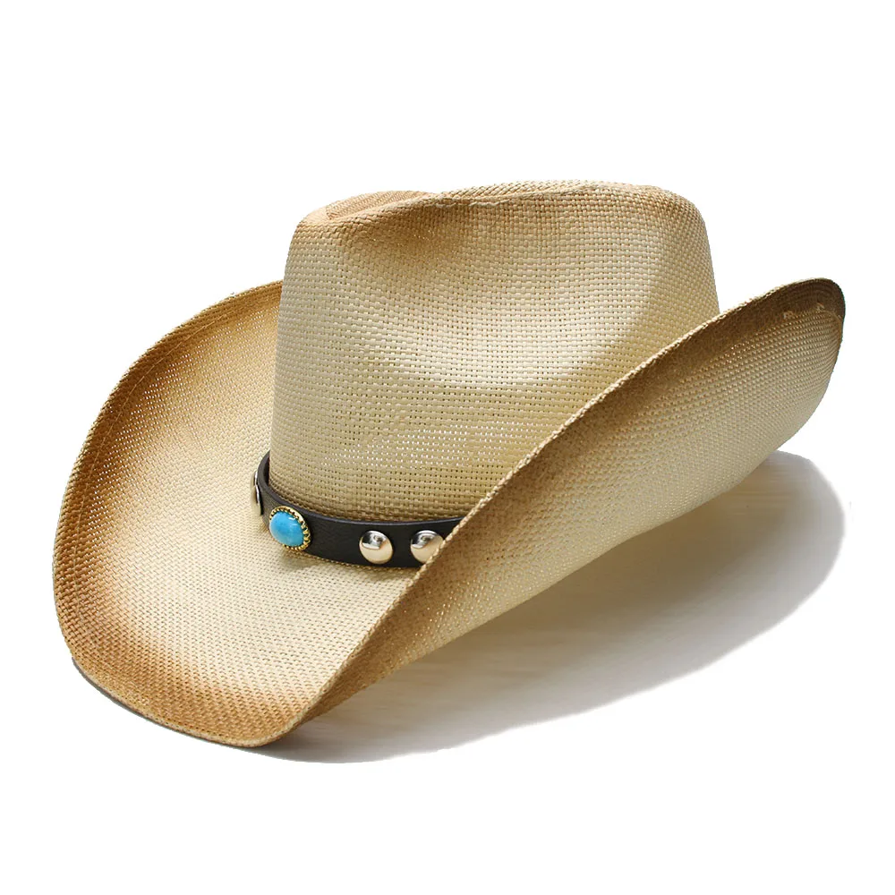 Retro Style Women's Men's Summer Straw Wide Brim Beach Western Cowgirl Fedora Cowboy Hat Turquoise Beads Leather Band 58cm