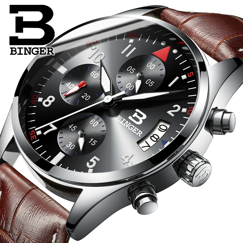 BINGER Brand Sport Men Watch Top Brand Luxury Male Leather Waterproof Chronograph Quartz Military Wrist Watch Men Clock Gift