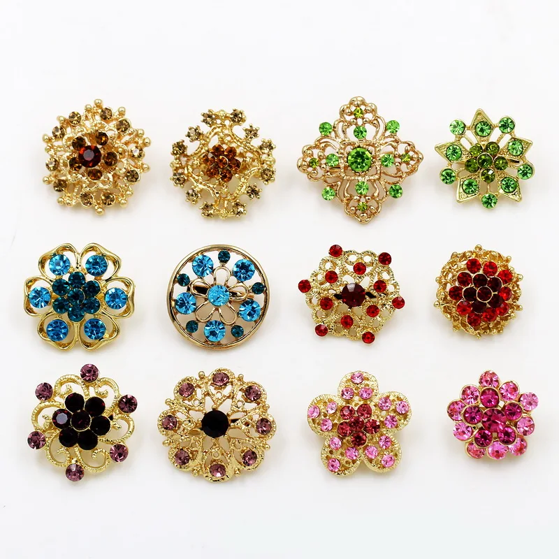 Set of 12 PCS Crystal Rhinestones Small Bejeweled Flower Alloy Pins DIY Wedding Bouquets Brooches