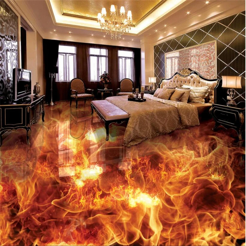 beibehang wallpaper wall stickers 3D wear-resistant PVC flame burning 3D stereo bathroom living room floor tiles painting