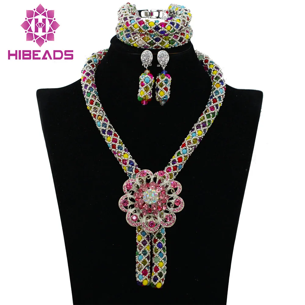 Multicolor Nigerian Bridal Jewelry Sets Braid Crystal Beads Pendant Necklace African Wedding Jewelry Sets Free Shipping ABK029