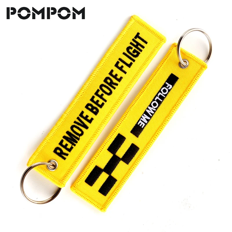 5 PCS/LOT Remove Before Flight Keychain FOLLOW ME Yellow Keychain Embroidery Fashion Sleutelhanger Safety Tag llavero Jewelry