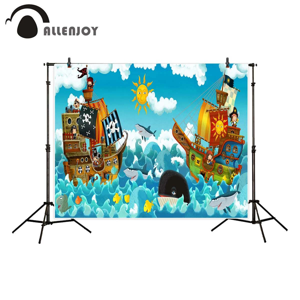 Allenjoy photography backdrop pirate ship cartoon shark sailing illustration adventure background photo studio