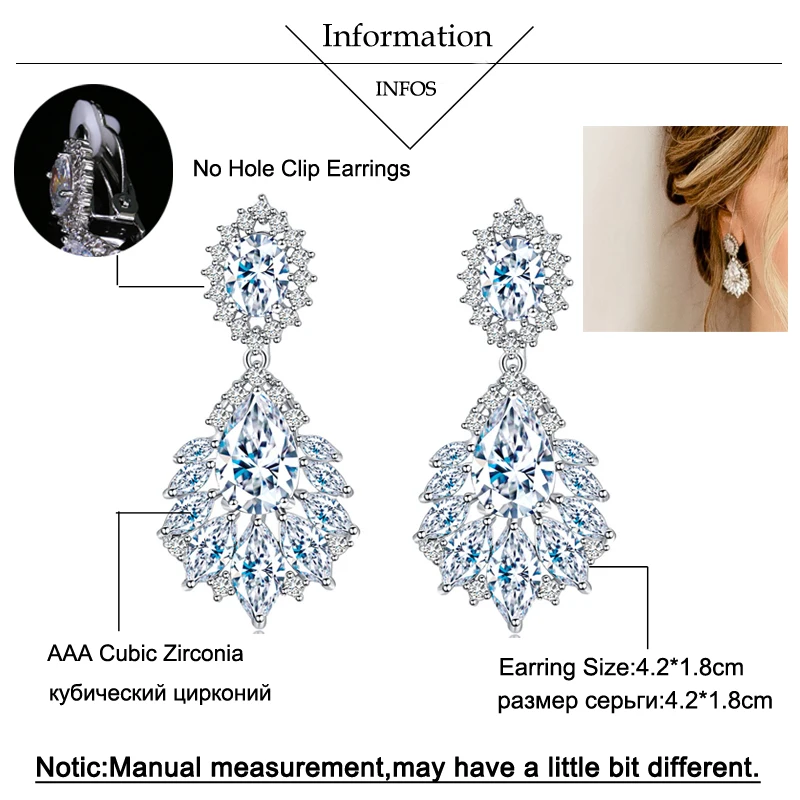 BeaQueen Stunning AAA+ Cubic Zirconia Stone Non Pierced No Hole Earrings Female Ear Clip On Bridal Earring without Piercing E156