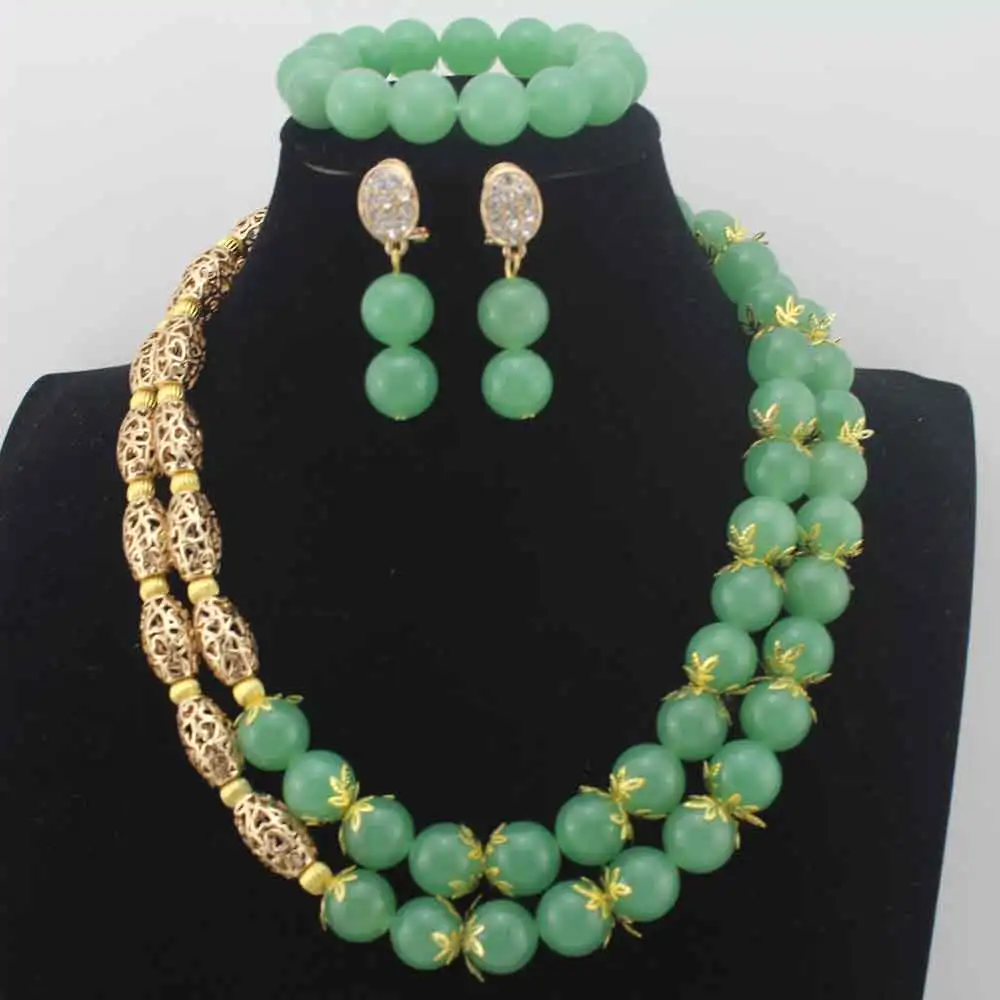 

2019 New Nigerian Wedding Beads Jewelry Sets Green African Costume Jewelry Set for Women earrings 14MM Round Beads Set HD8609