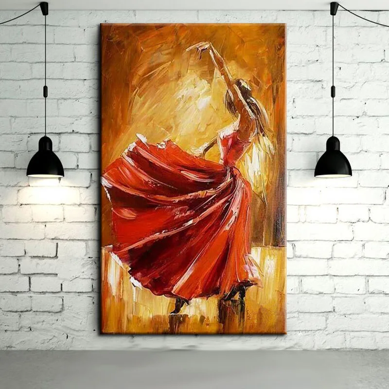 

Free Shipping Hand-painted Spanish Flamenco Dancer Oil Painting On Canvas Spain Dancer Dancing With Red Dress Art Oil Paintings