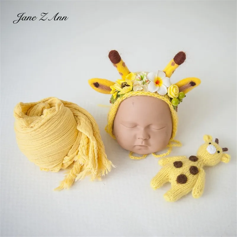 

Jane Z Ann Newborn baby photo props infant Giraffe Theme Handmade Stitch Hat Doll Wrap studio shooting accessories