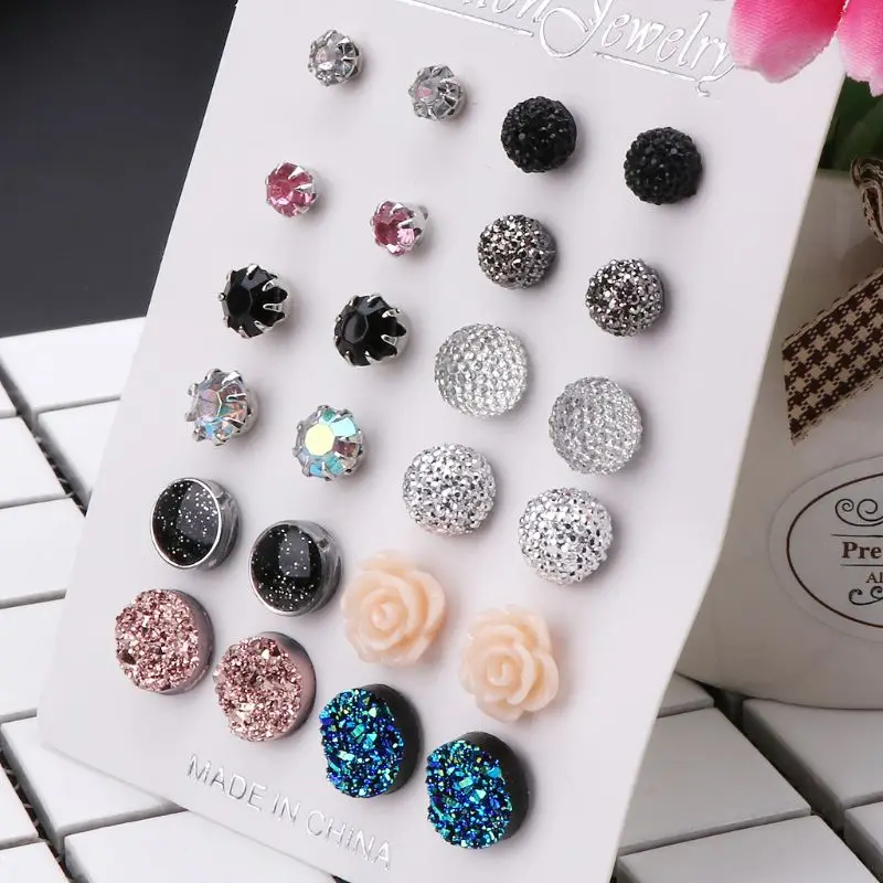 12 Pairs Fashion Women Earrings Assorted Crystals Druzy Stone Resin Stone Round Stud Earrings Set