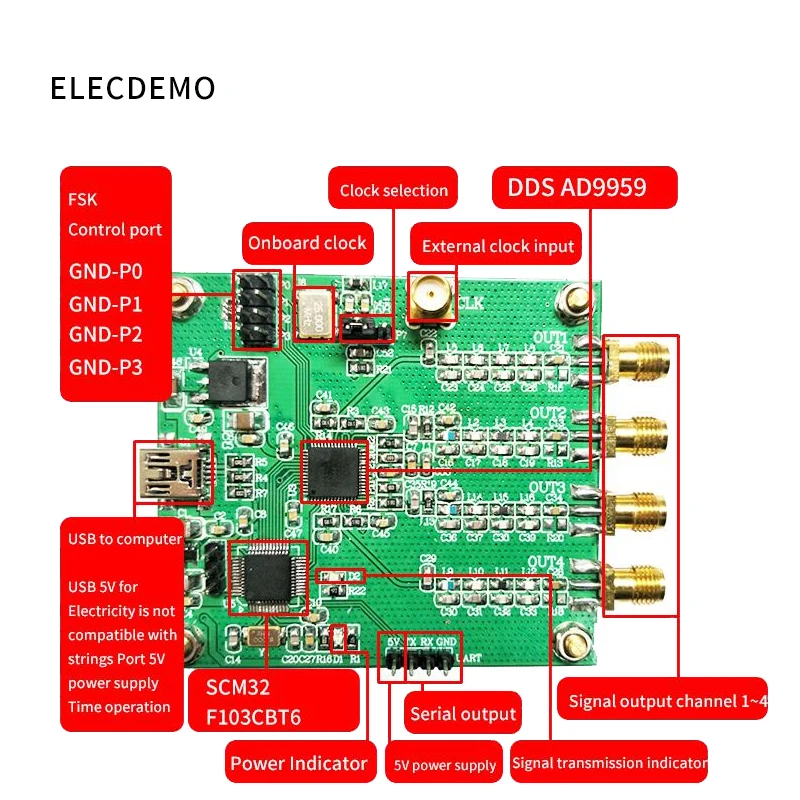 AD9959 module RF Signal Generator Four Channel DDS Module AT Instruction Serial Output Sweep Frequency AM Signal-Generator