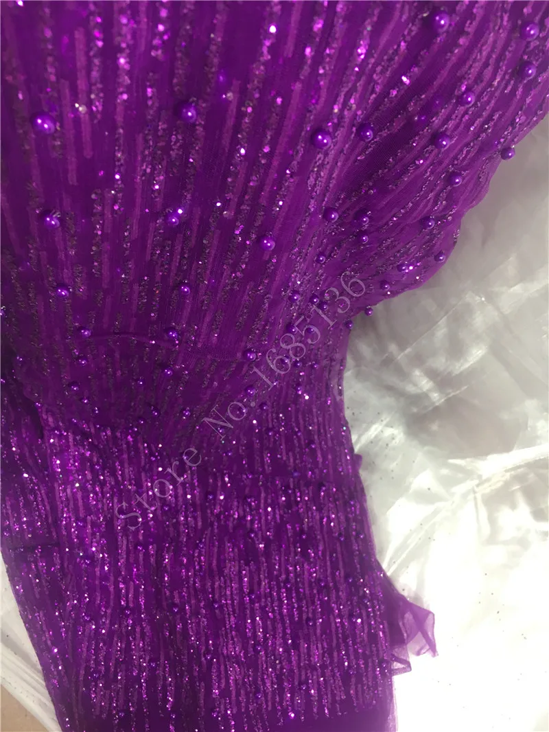 Purple and Black Color Glitter Material with Beads Glued Sticky Lace Fabric H-120143 for Pretty Dress or Fashion Decoration