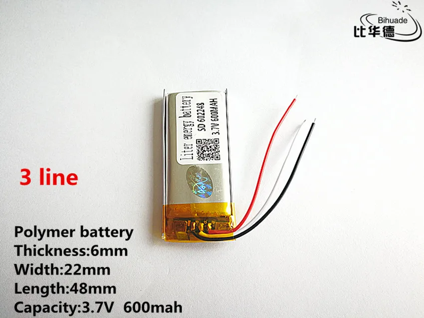 3 สายคุณภาพดี 3.7 V, 600 mAH, 602248 Polymer lithium ion/Li - Ion แบตเตอรี่สำหรับของเล่น, POWER BANK, GPS, mp3, mp4