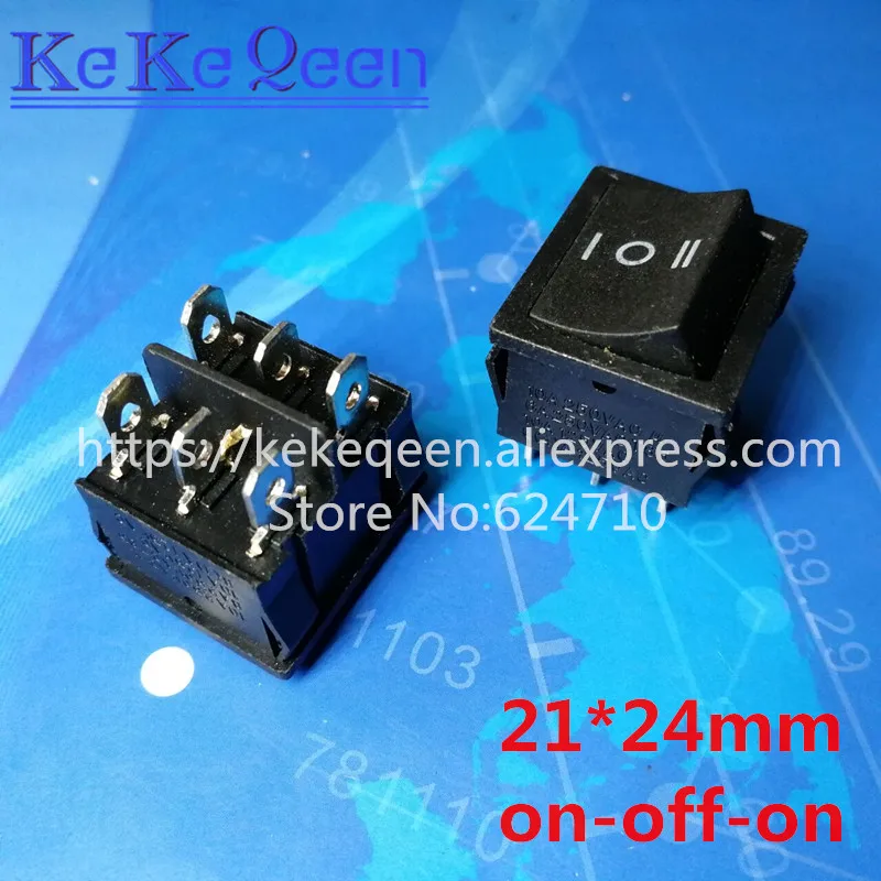 10PCS/LOT KCD5 21X24mm 21*24 6 Pin 3 Position 6A/12A 250VAC ON-OFF-ON SPDT Snap in Black Boat Rocker Switch