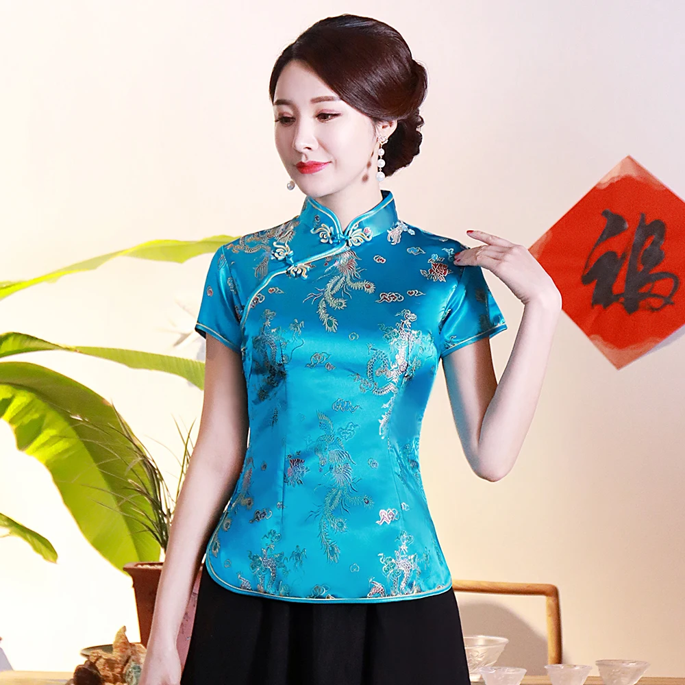 Gold Traditional Chinese Satin Blouse Summer New Sexy Short Sleeve Women Shirts Novelty Dragon&Button Top Clothing S-4XL