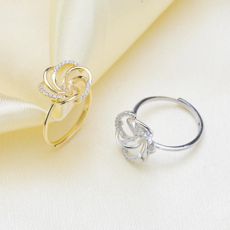 S925 Sterling Silver Flower Pearl Rings Settings Adjustable Pearl Rings Components Silver&Gold Color 3Pcs/Lot