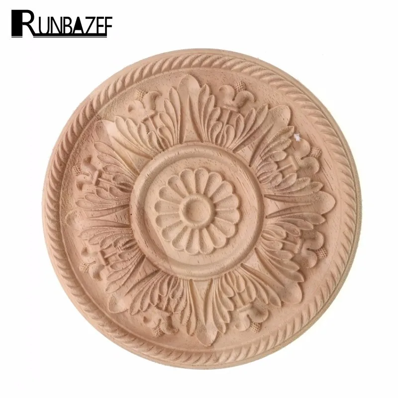 RUNBAZEF Round Real Wood Applique Flower Jewelry Cabinet Decoration Home Decor Furnishing European Style Carved Wooden Tablets