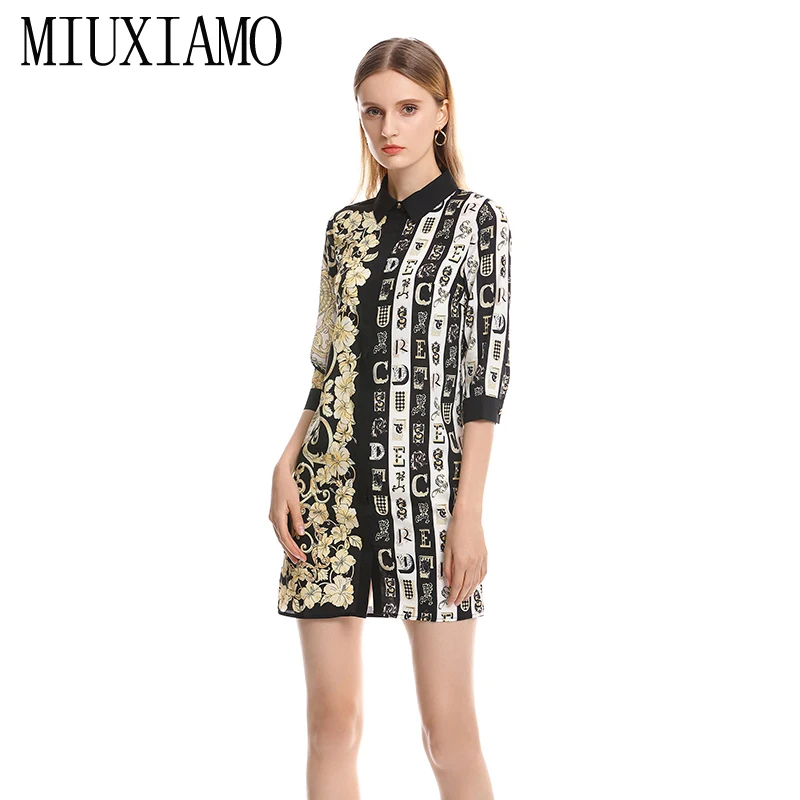 

MIUXIMAO 2023 Spring Summer Dress New Arrival Letter Floral Print Eleghant Turn-down Collar Casual Dress Women Vestides