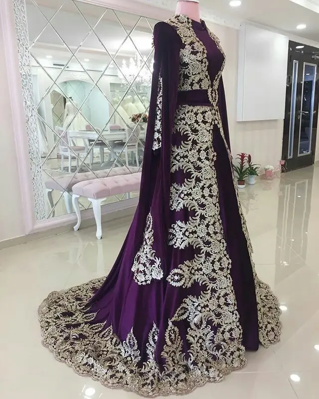 Morocco Muslim Purple Evening Dress Dubai Caftan High Neck Applique Cape Sleeves Prom Dresses Elegant Formal Gowns Customized