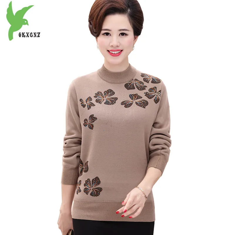 

Women Autumn Winter Knit Sweater Bottoming Shirts Flocking Warm Middle Aged Female Pullover Diamond Sweaters OKXGNZ1299