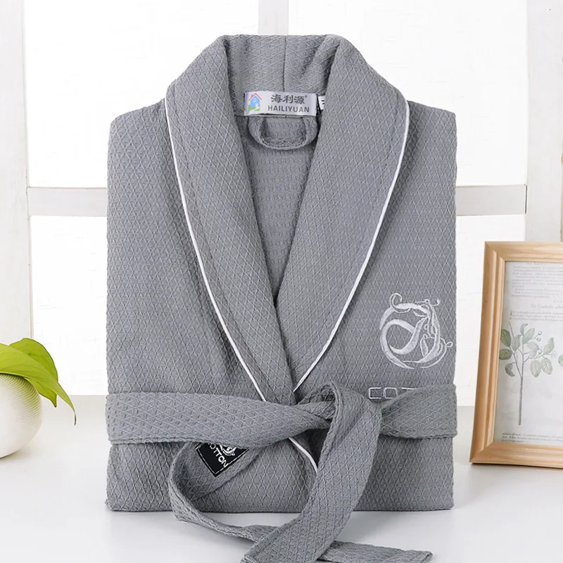 

Waffle 100% Cotton Long-sleeve Mens Bathrobes Sweat Evaporate Couples Kimono Bath Robes Hotel SPA Women Robes Dressing Gown