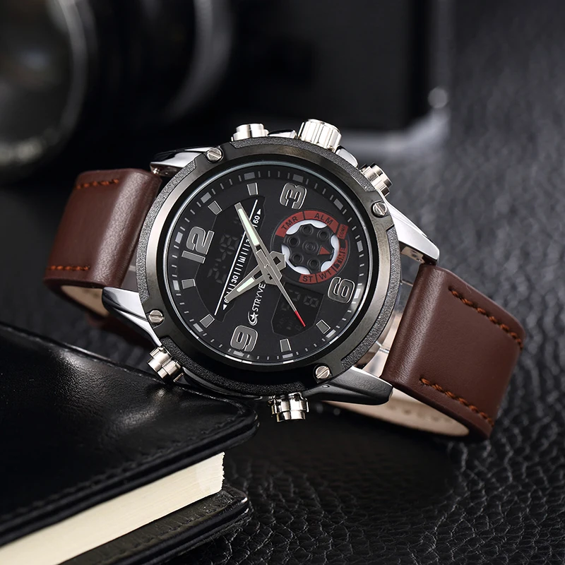 Top Luxury Dual Display Watches Quartz Digital Stopwatch Clock Stryve Business Leather Men Sport Wrist Watches relogio masculino