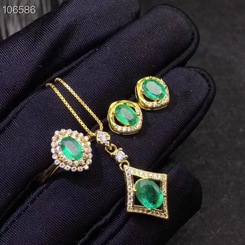 Natural Emerald jewelry set Natural Real Emerald 925 sterling silver 1pc pendant,1pc ring ,2pcs Earring