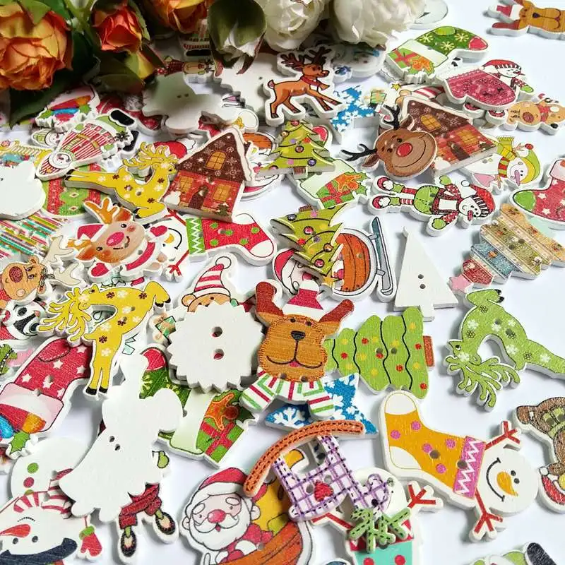 Bulk 50Pcs/lot Mixed Christmas Buttons 2 Holes Wooden Buttons forCraft Scrapbooking Amazing Women DIY Decorative Buttons