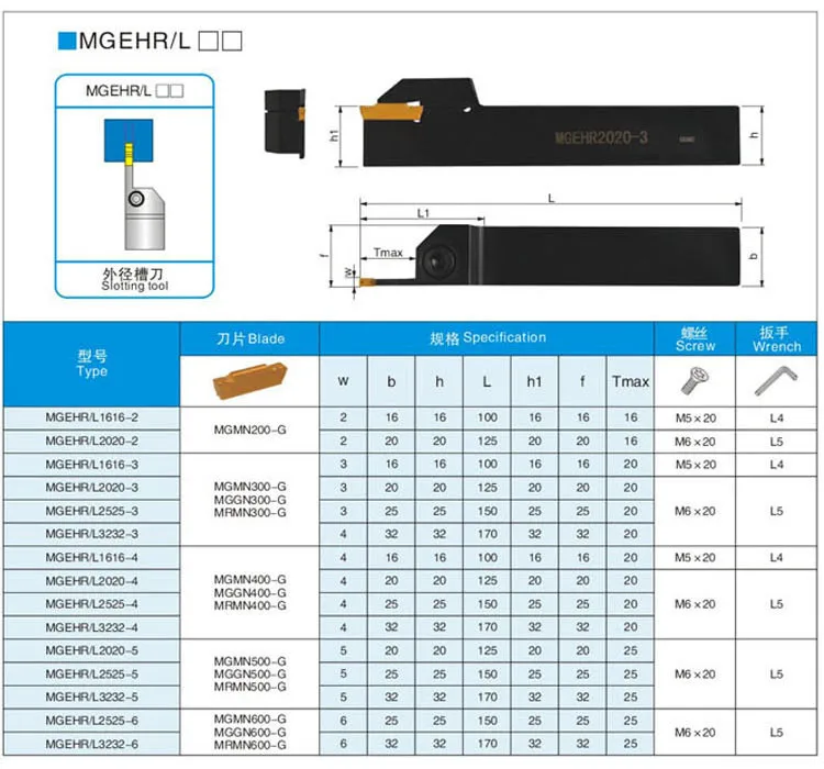 MGEHR1010-1.5/2 MGEHR1212-1.5/2/3 MGEHR1616-1.5/2/3/4 MGEHR2020-1.5/2/3/4/5 MGEHR2525-1.5/2/3/4/5/6 MGEHR3232-3/4/5/6 MGEHL tool