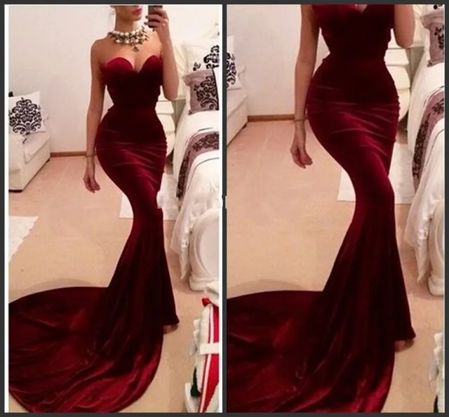 

Unique Designer Burgundy Mermaid Prom Dresses women Long Train Flattered Fitted Red Wine Velvet Elegant Party Gowns Custom