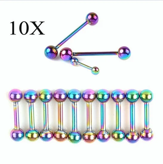 10pc Wholesale Stainlessl Steel Titanium Anodized Tongue Bar Rings Body Jewellery пирсинг