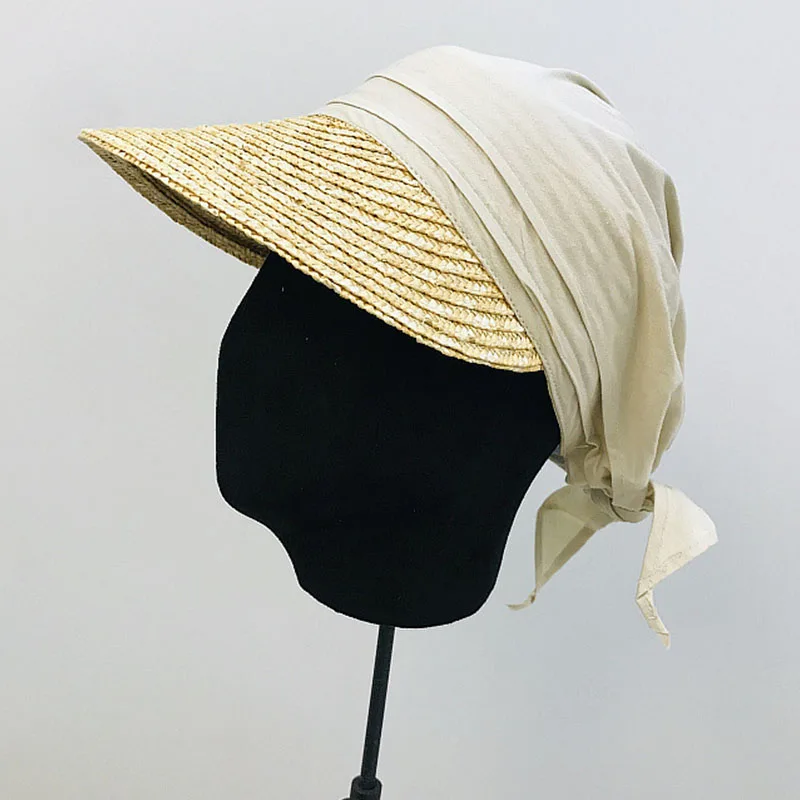 New Women Sun Cap Woven Straw Hat Visor Patchwork Breathable Cotton Turban Hat Baseball Style Summer Cap Casual Street Beach Cap