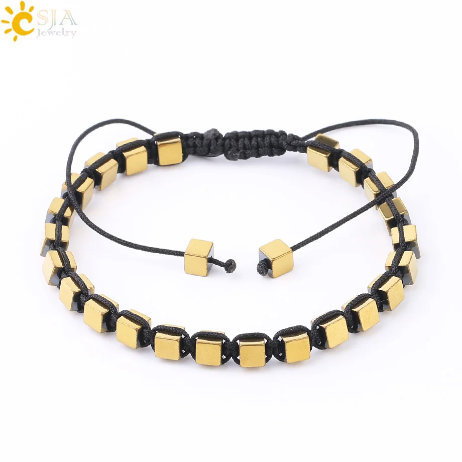 CSJA Fashion Hematite Bracelet Magnetic Elastic Weave Adjustable Bracelets Square Cylindrical Healthy Bangles for Men Women F623