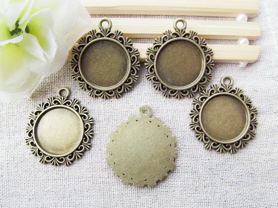 100pcs Antique Bronze/Antique Silver tone Border Round Base Setting Tray Bezel Pendant Charm/Finding,fit 20mm Cabochon/Cameo