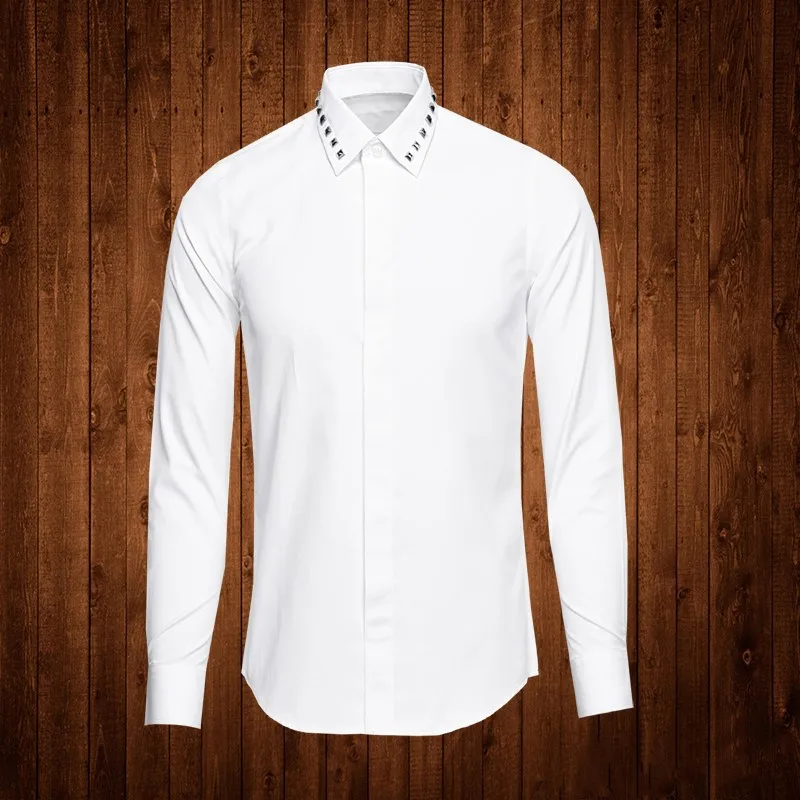 

Men's Punk Rivets Beading Monochromatic Dress Shirt Plus Size Spring, Autumn Long Sleeve White Black Slim Fit Business Korean