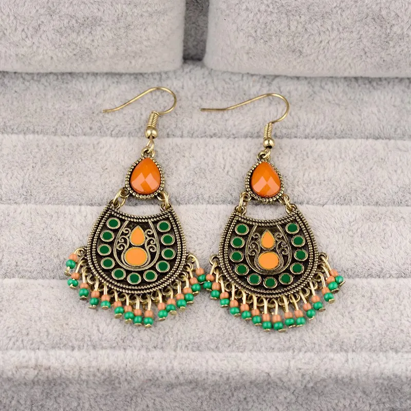 DOUVEI New Water Drop Retro Earrings India Jhumka Jhumki Green&Orange Beads Tassel Bronze Earrings Tibetan Jewelry HQE1011