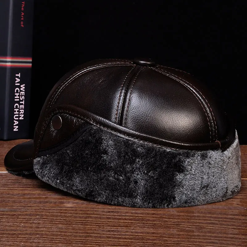 HL104 2021 New Style Winter Warm Russian Genuine Leather Caps Hats Men\'s Real Cow Leather Baseball Cap Hat