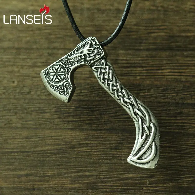 

lanseis 10pcs viking wolf axe necklace men pendant Nordic pagan jewelry