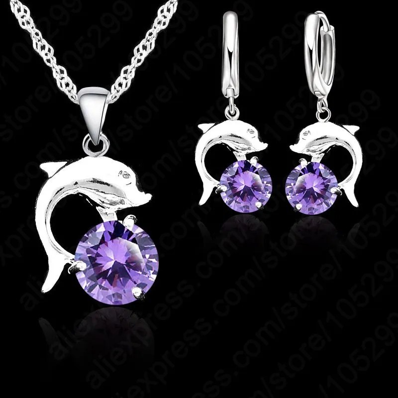 Lovely Dolphin Lever Back Pendant Necklace Earring Sets Trendy 925 Sterling Silver Color Zircon Jewelry Set for Women Girls Gift