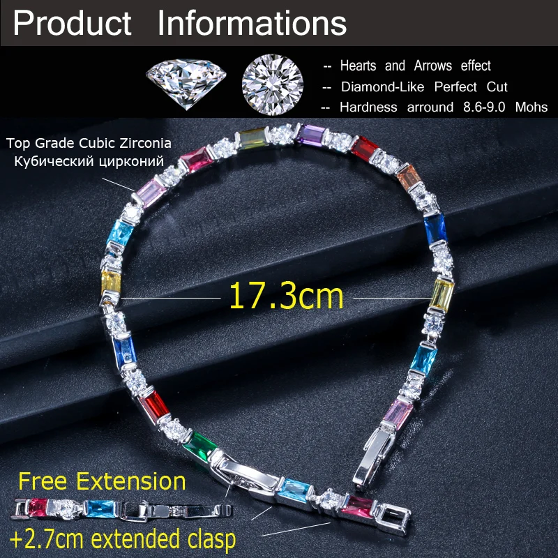 CWWZircons Fashion CZ Charm Lovely Red Green Blue Austrian Crystal Tennis Bracelets for Women Christmas New Year Gift CB087