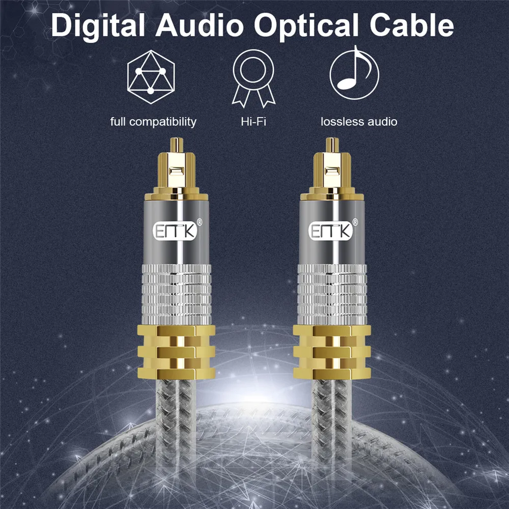 EMK Top Grade OD8.0mm Spdif Optical Cable Gold Plated Metal Connector Digital Fiber Optical Toslink Audio Cable 1m 1.5m 2m 3m 5m