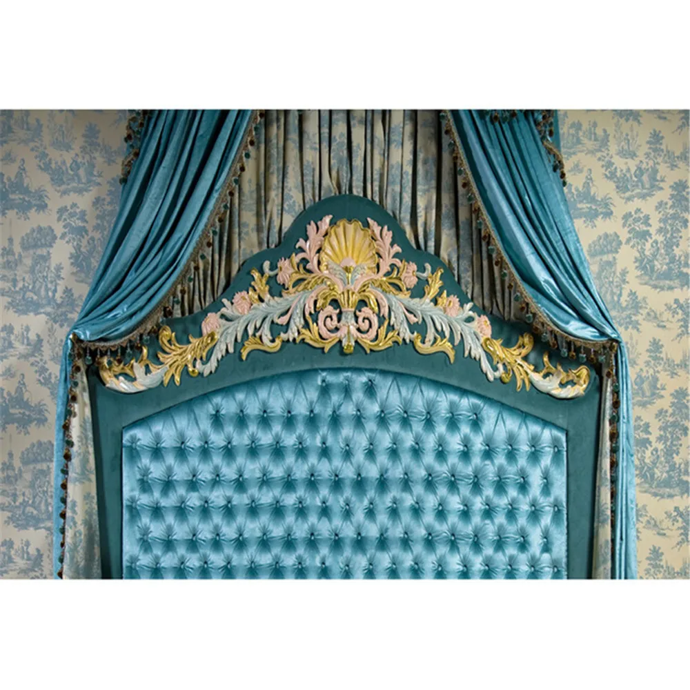 

Baroque Tufted Headboard Bed Photo Background Printed Damask Wall Blue Curtain Baby Newborn Props Kids Photography Backdrops