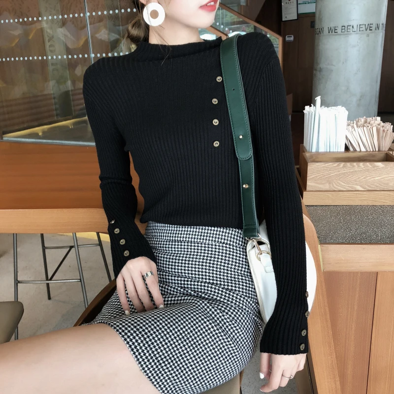 New Fashion Button Turtleneck Sweater Women Spring Autumn Solid Knitted Pullover Women Slim Soft Jumper Sweater Female Knit Tops