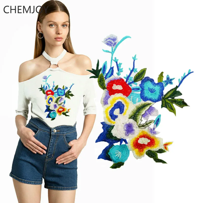 Blue Flowers Large Patch for Woman Clothing Sewing on Embroidery Appliques for Girls Clothes Bags DIY Decoratoin Patches