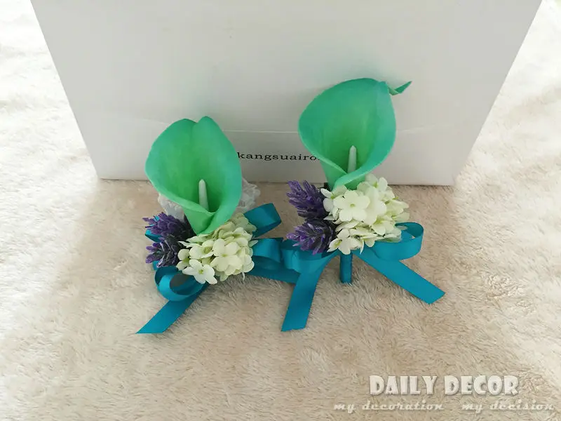 Blue + green PU calla lily wedding flowers groom corsage / boutonniere bride wrist flower wedding bridal hand flower