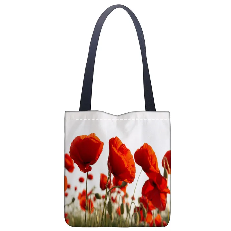 Tas Tote Poppies Kustom Tas Belanja Dapat Dilipat Tas Bahu Kain Kanvas Uniseks Besar Ramah Lingkungan Kantong Kain Kelontong