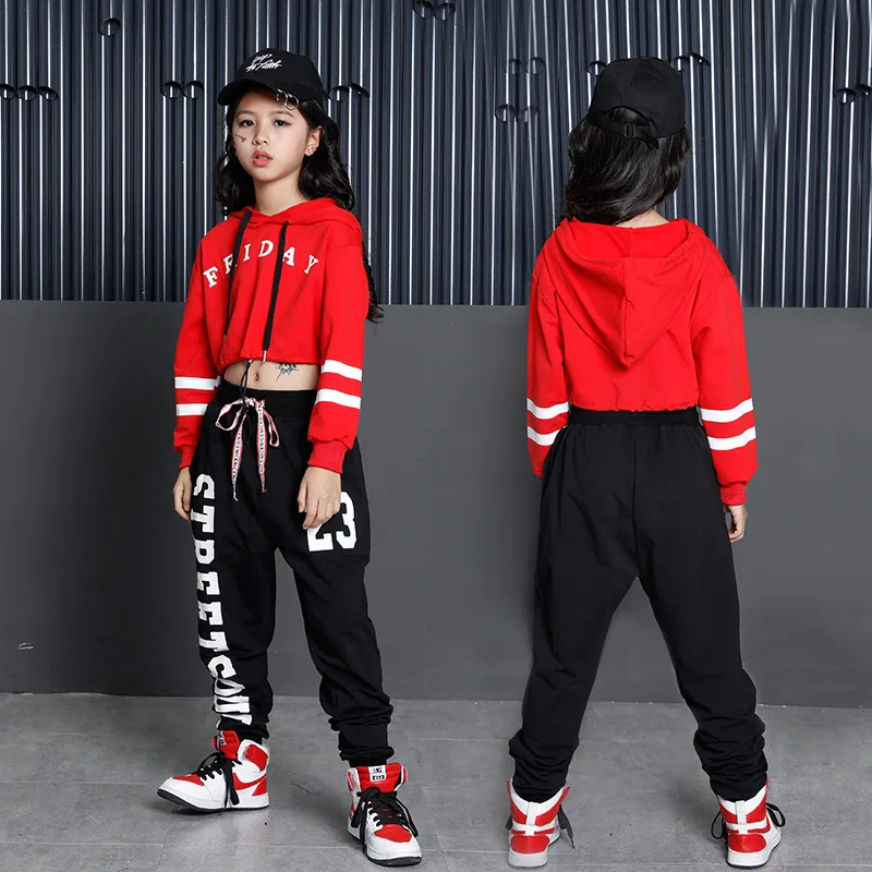 Korean Big Girls Streetwear Fashion 2018 Kids Sport suit Girls Black Letter Print Pant + Red Hoodie Two Piece Set Dance Costumes