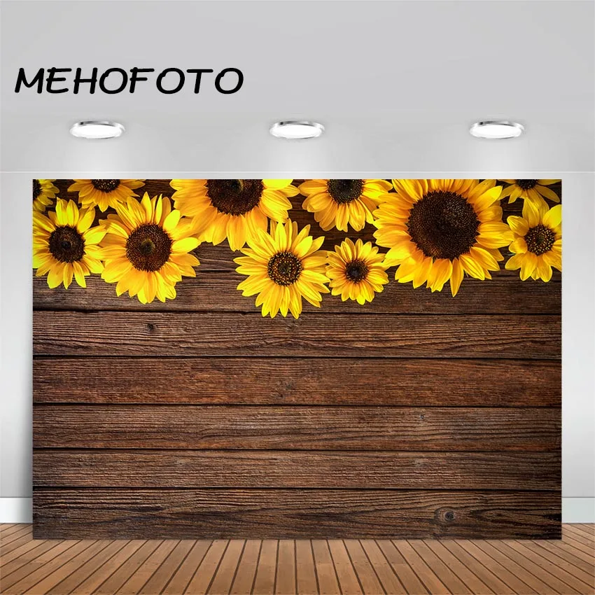 Wood Texture Sunflowers Floral Photography Background Bridal Shower Birthday Party Decor Backdrop for Photo Booth